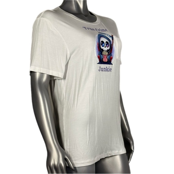 The Blind Medium | White True Crime Junkie Cute Reaper Graphic Tee - Picture 3 of 8